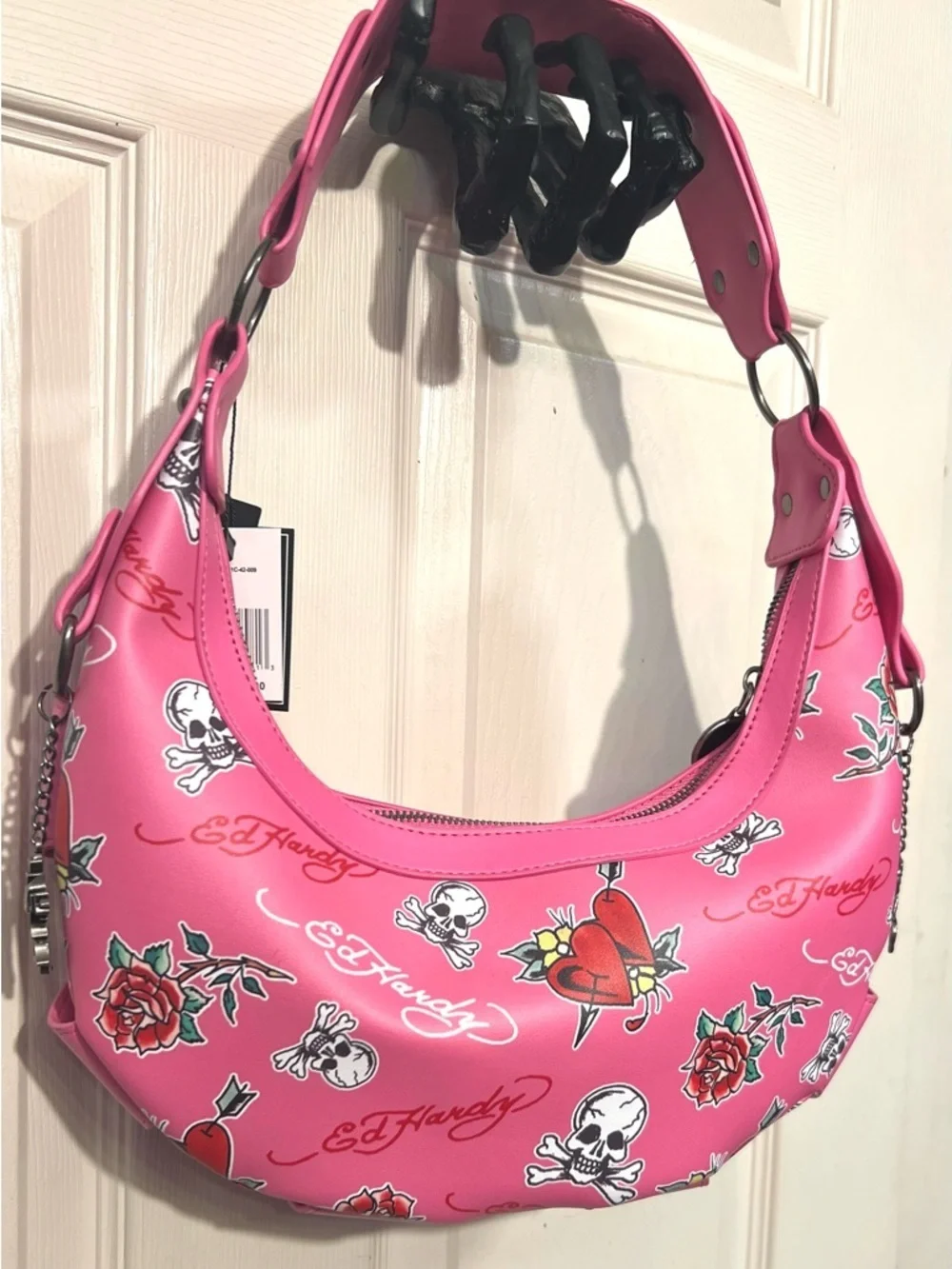 💕Ed Hardy Hot Pink Studded Skull & Rose Shoulder Bag-NWT💕